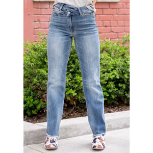 Judy Blue Crossover High Rise Dad Jeans Stretch Straight Leg Blue Plus Size 24W